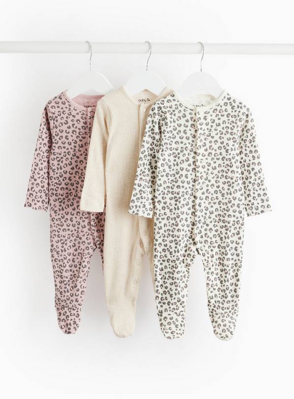 Leopard Print & Oatmeal Sleepsuits 3 Pack Tiny Baby